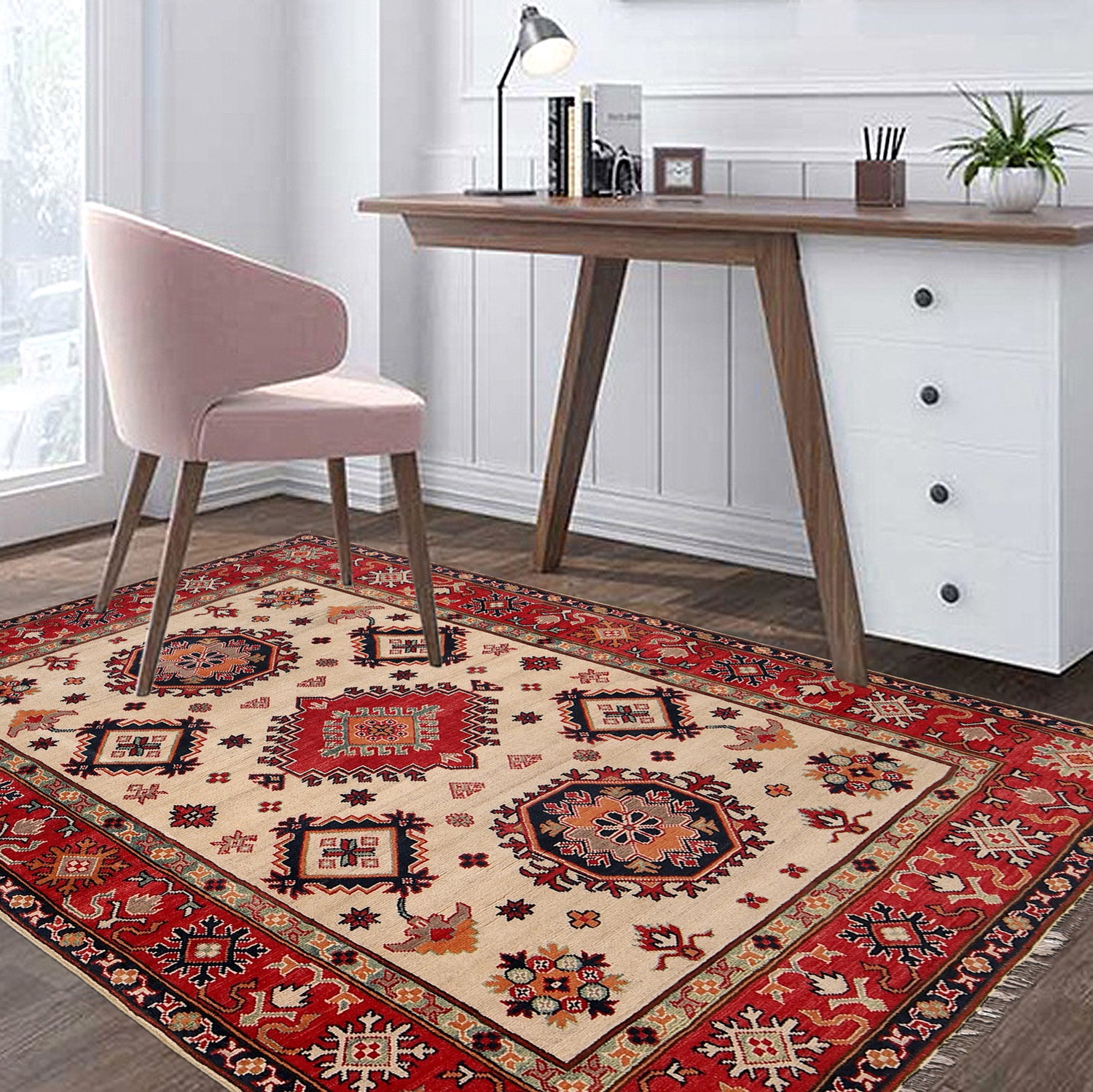 Kazak Rug Handmade Beige Medallion 4x7 ft