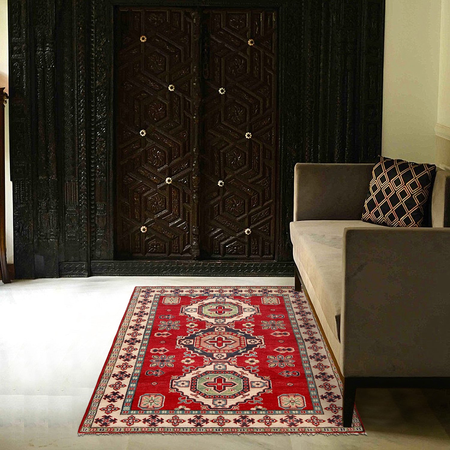 Kazak Rug Handmade Red Medallion 4x6 ft