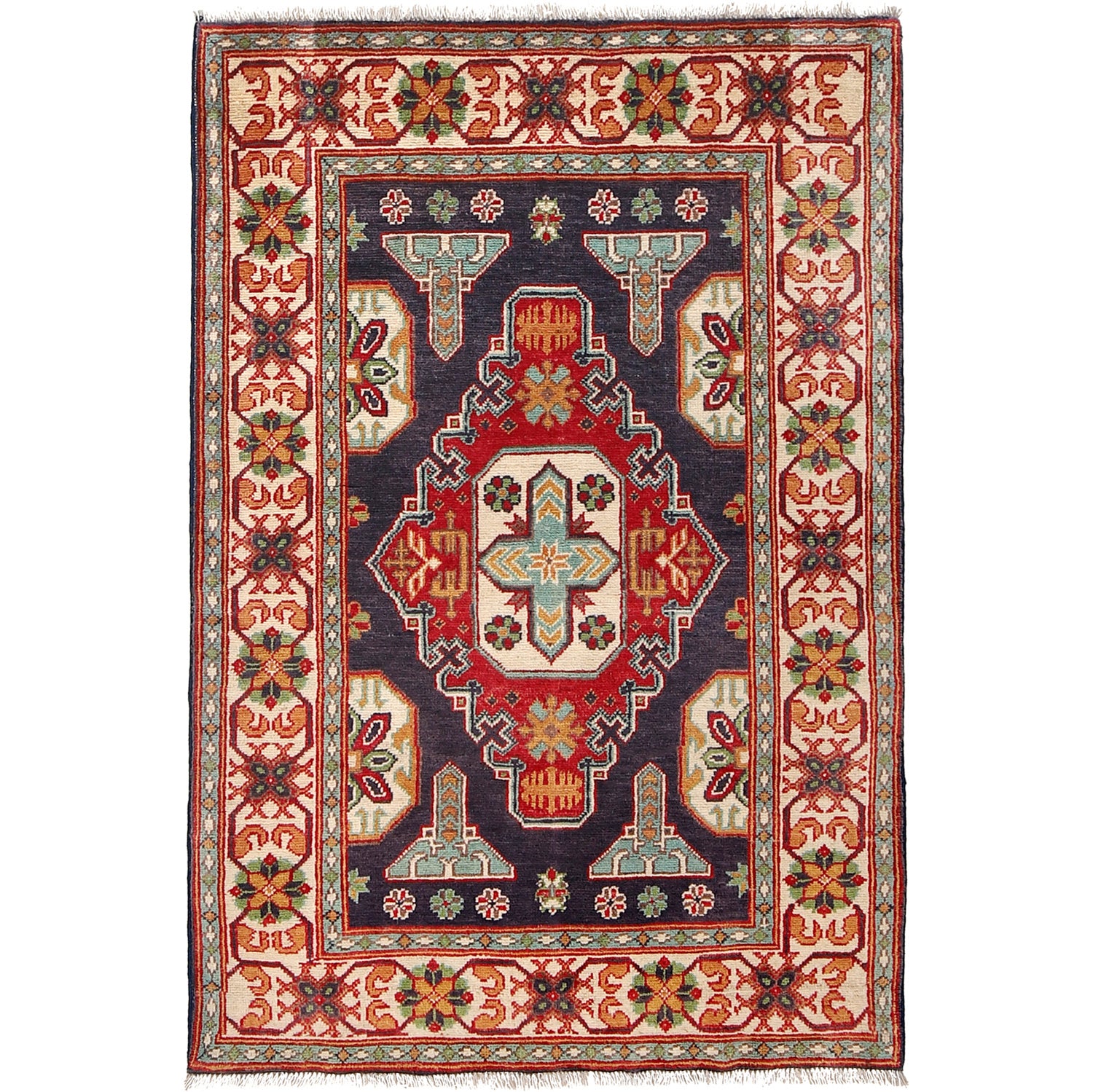 Kazak Rug Handmade Blue Medallion 3x5 ft
