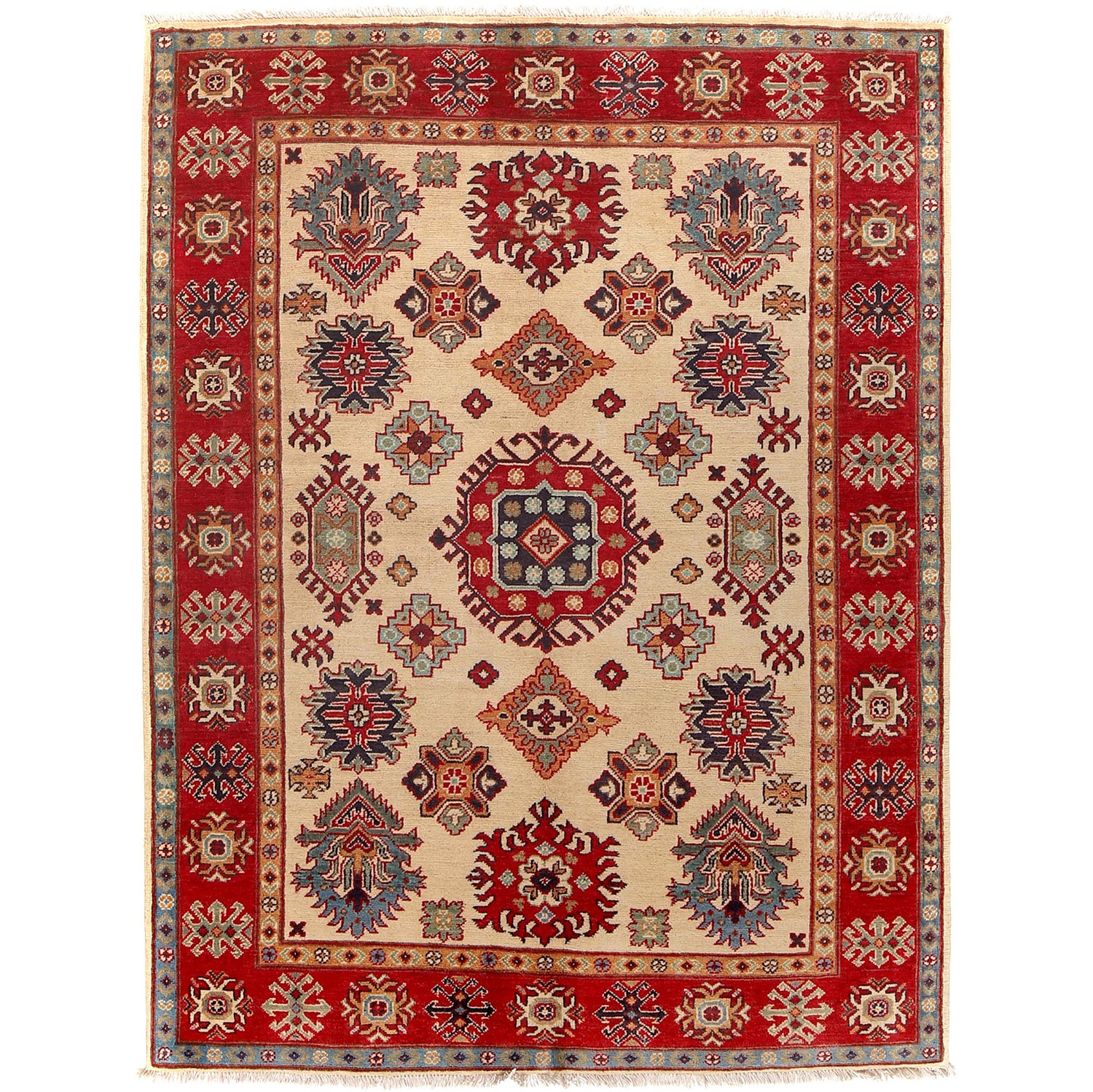 Kazak Rug Handmade Ivory Medallion 4x7 ft