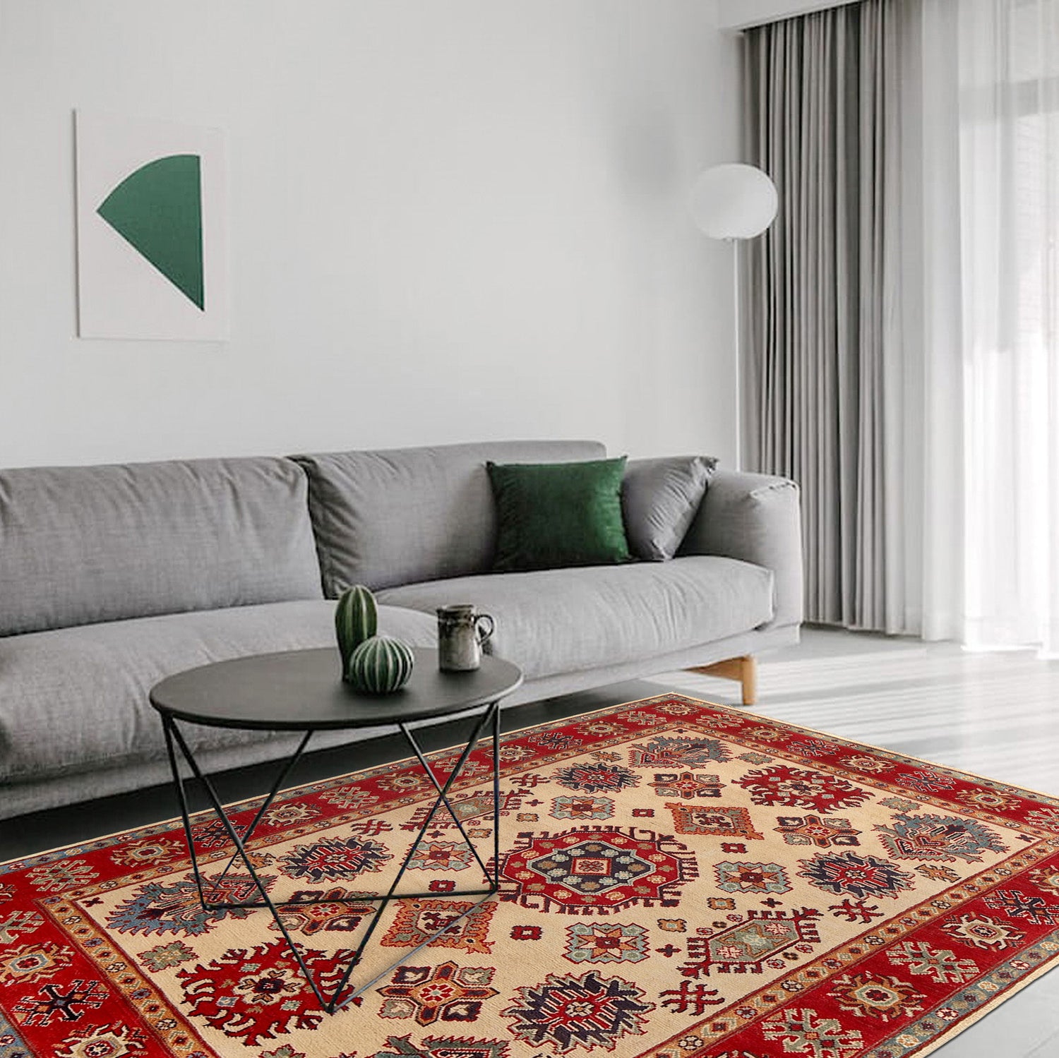 Kazak Rug Handmade Ivory Medallion 4x7 ft