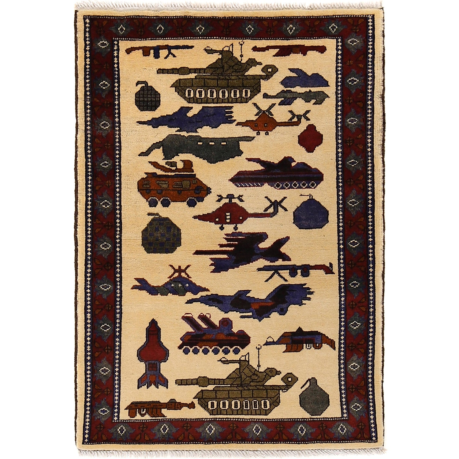 War Area Rug Handmade Ivory Helicopter + Tank 2x4 ft