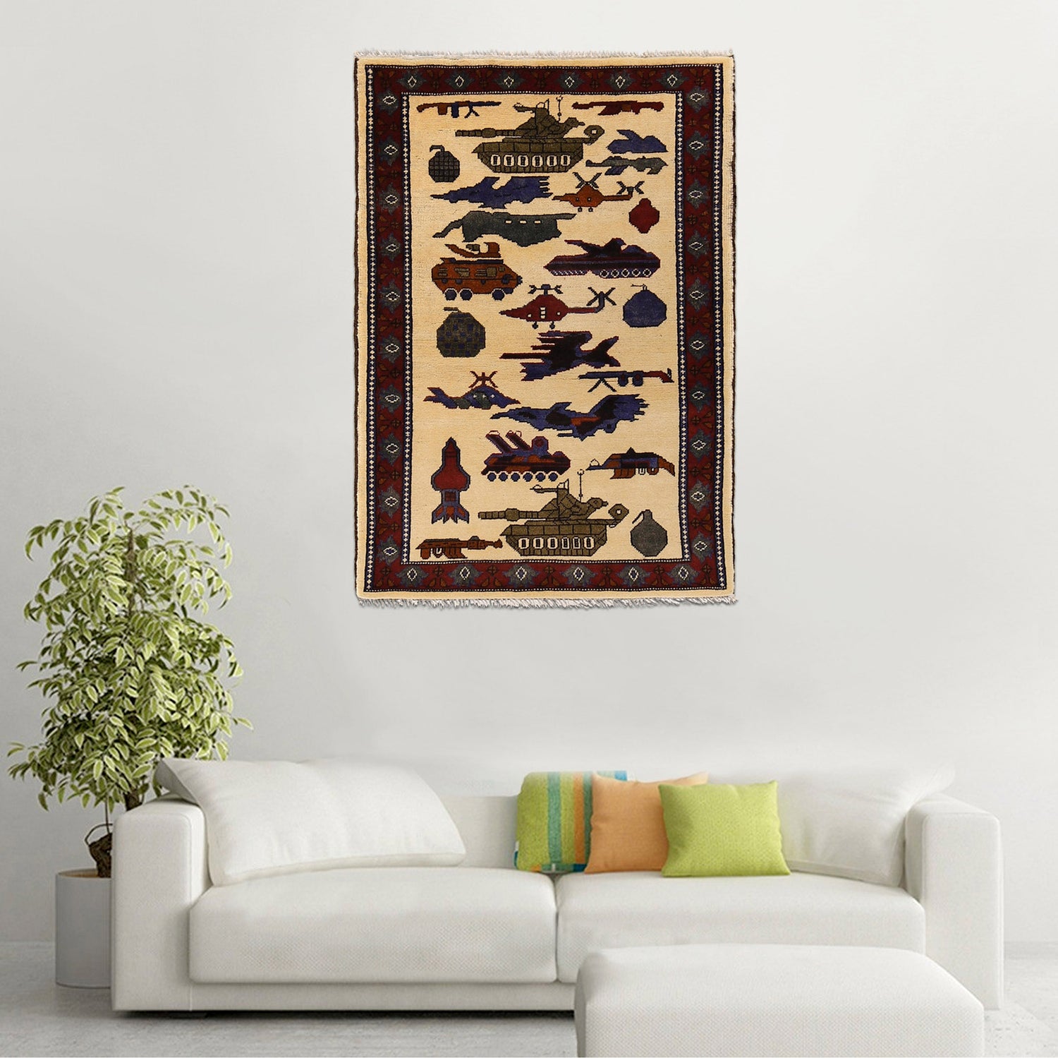 War Area Rug Handmade Ivory Helicopter + Tank 2x4 ft