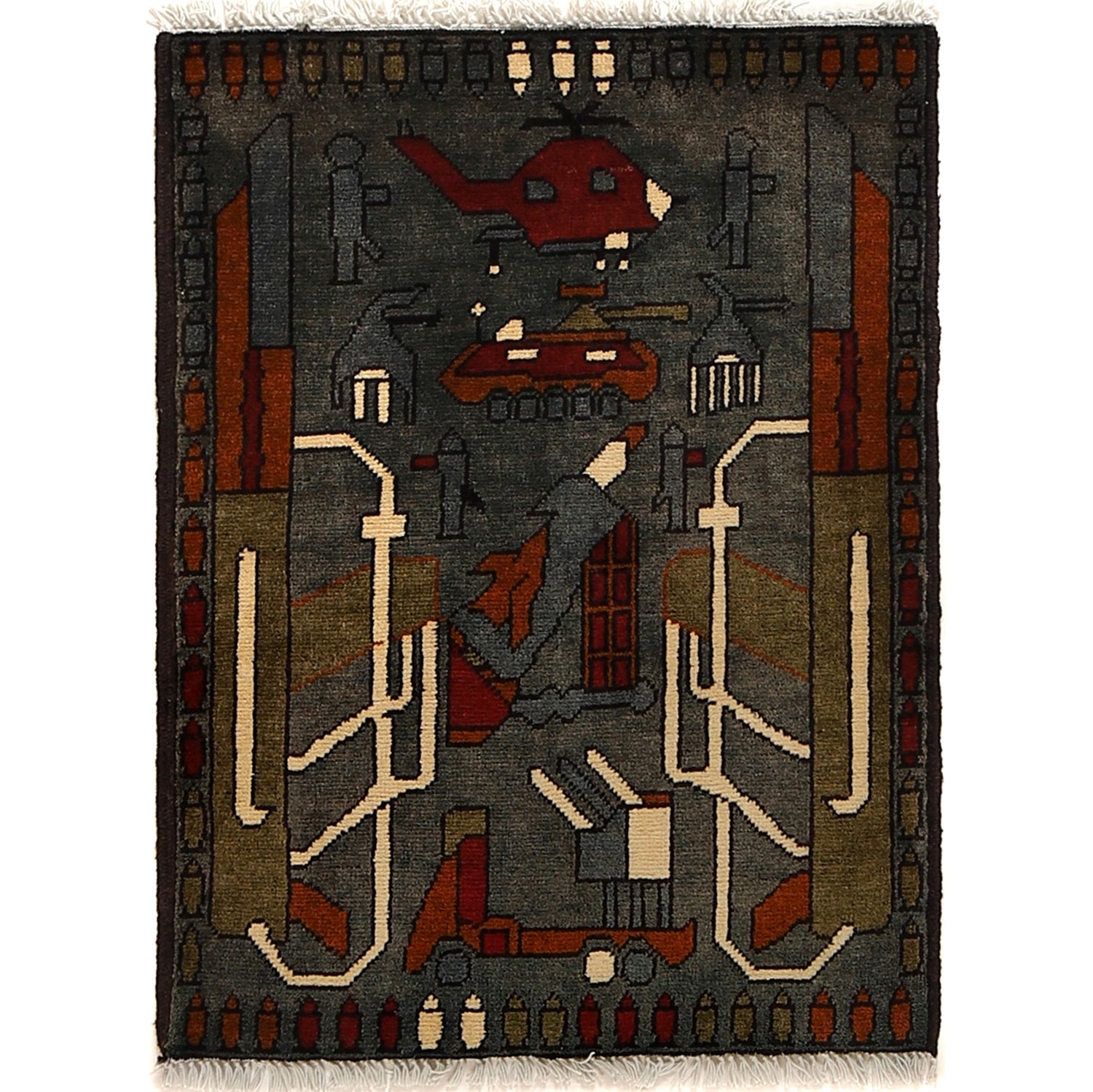 War Area Rug Handmade Gray Rifle + Tank 2 x 3 ft