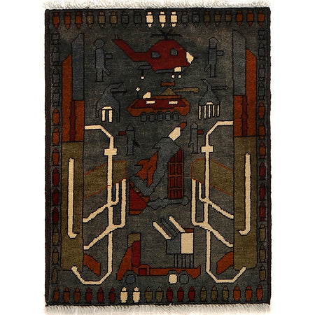 War Area Rug Handmade Gray Rifle + Tank 2 x 3 ft