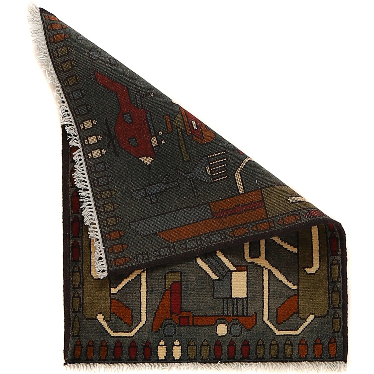 War Area Rug Handmade Gray Rifle + Tank 2 x 3 ft