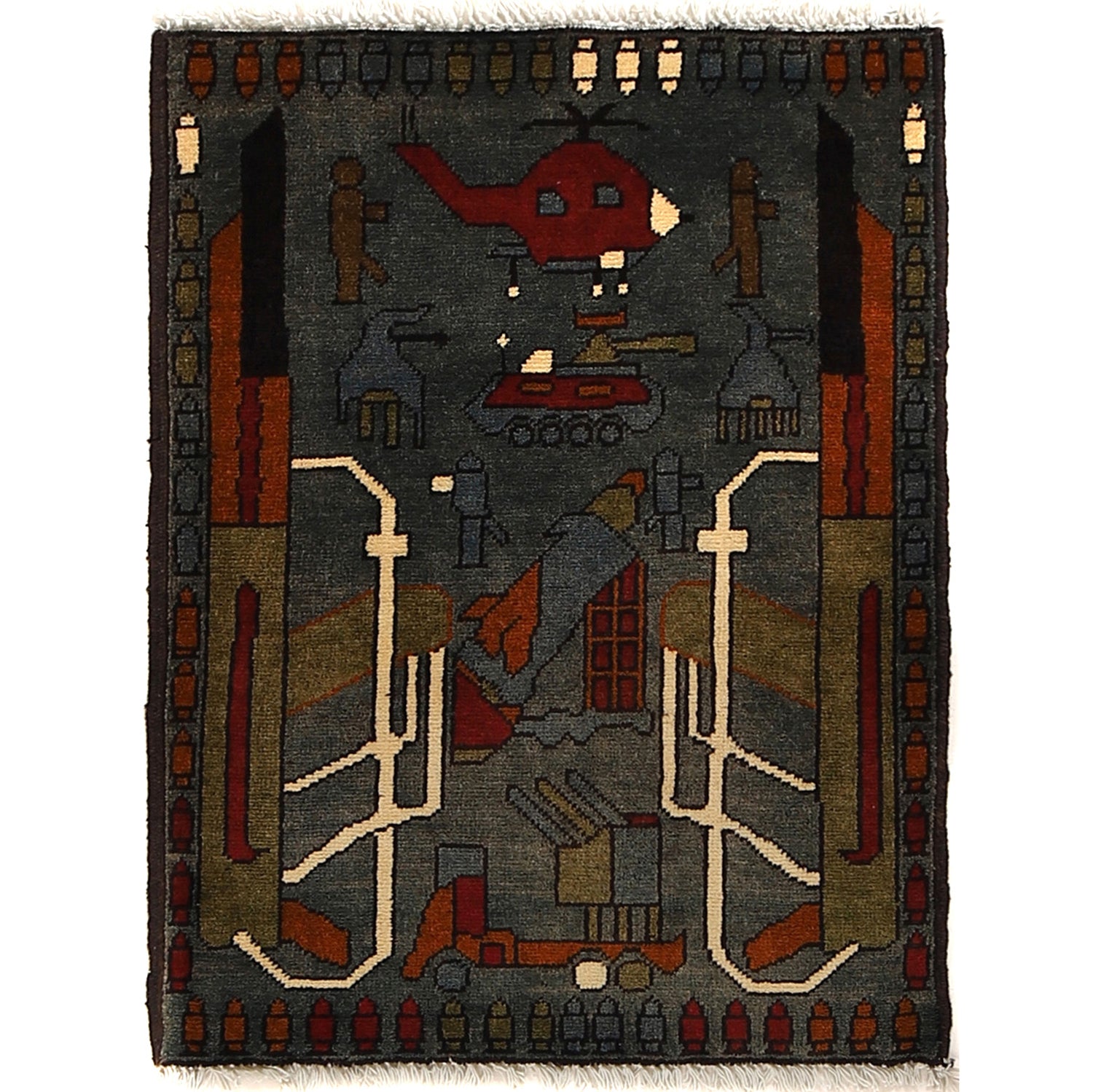 War Area Rug Handmade Gray Rifle + Tank 2 x 3 ft