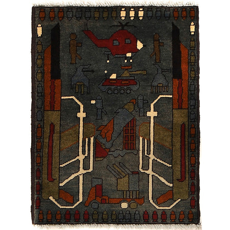 War Area Rug Handmade Gray Rifle + Tank 2 x 3 ft