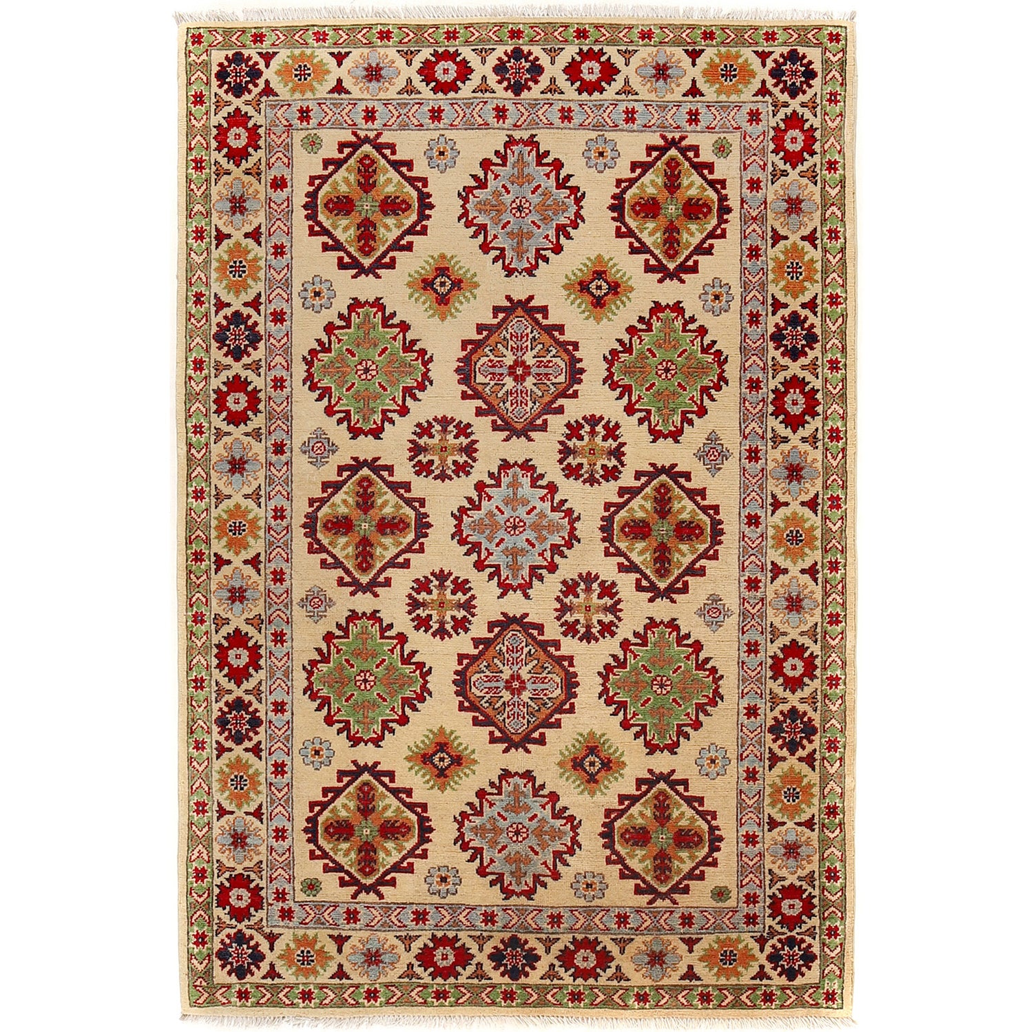 Kazak Rug Handmade Ivory Medallion 4x6 ft