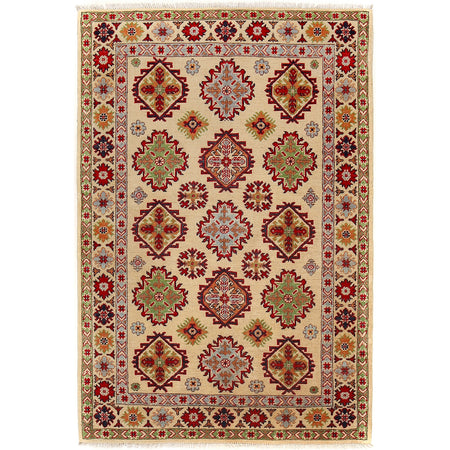 Kazak Rug Handmade Ivory Medallion 4x6 ft