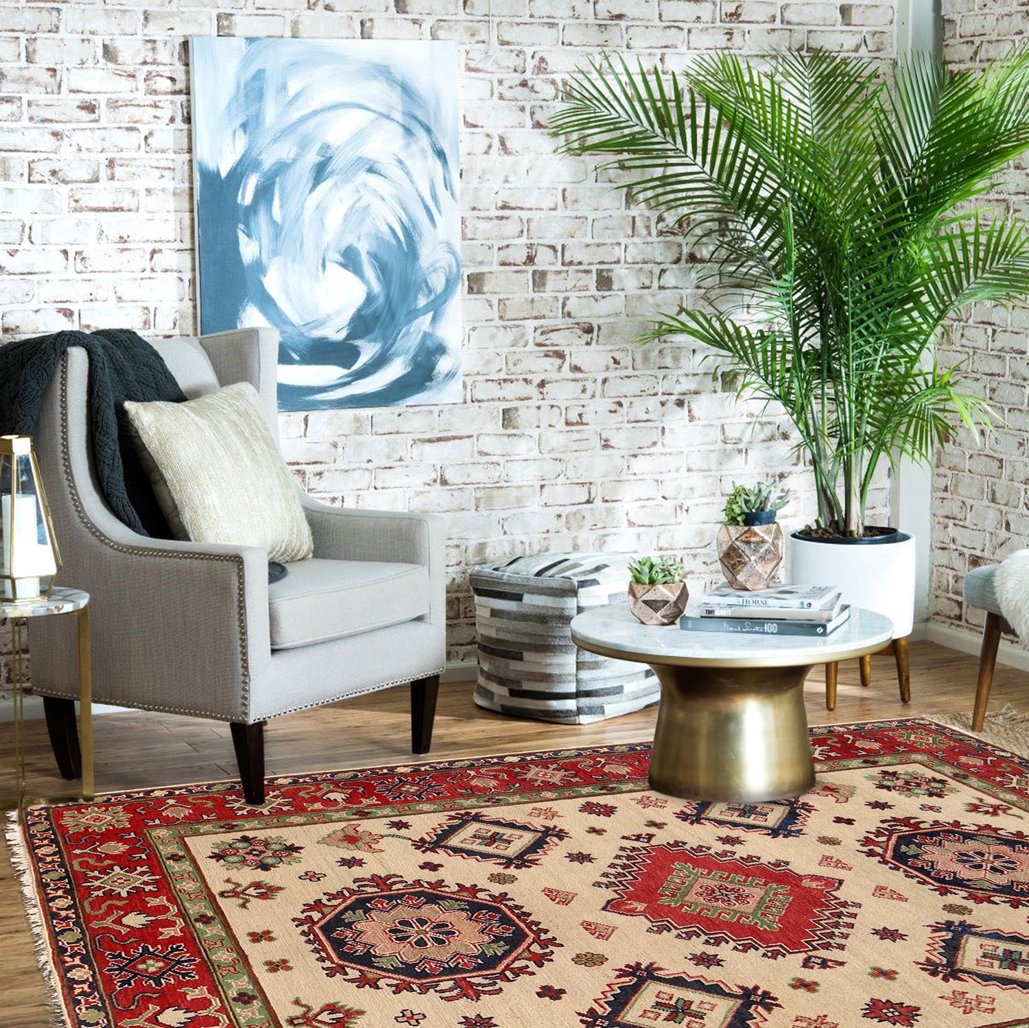 Kazak Rug Handmade Beige Medallion 4x7 ft