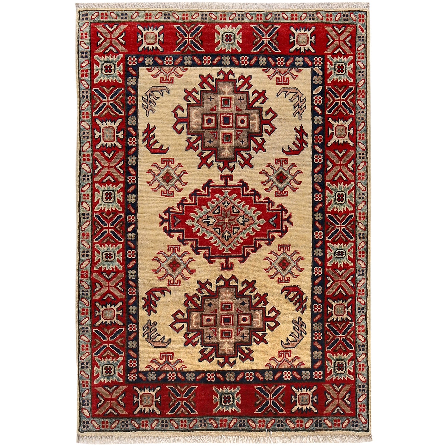 Kazak Rug Handmade Ivory Medallion 2x4 ft