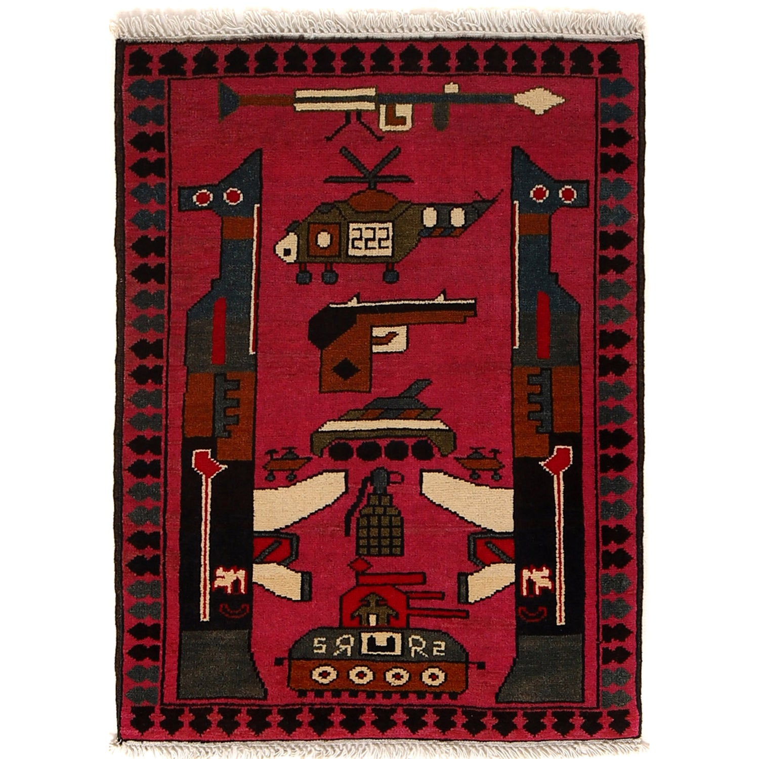 War Area Rug Handmade Pink Rifle + Tank 2 x 3 ft