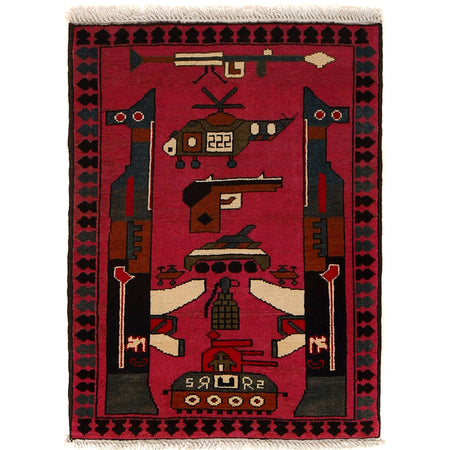 War Area Rug Handmade Pink Rifle + Tank 2 x 3 ft