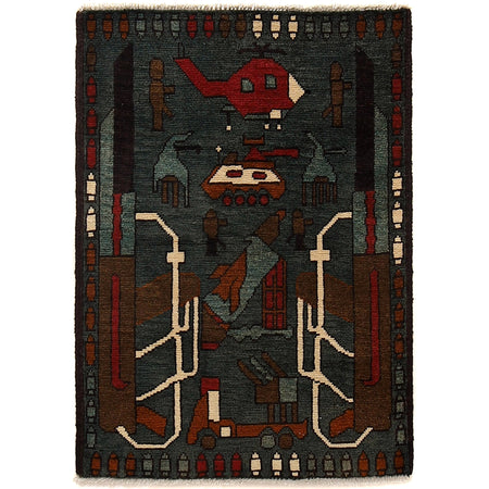 War Area Rug Handmade Gray Rifle + Helicopter + Tank 2 x 3