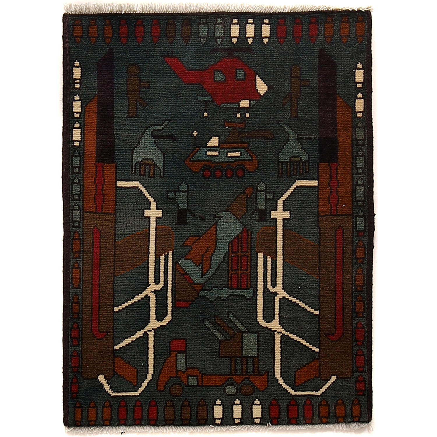 War Area Rug Handmade Gray Rifle + Helicopter + Tank 2 x 3