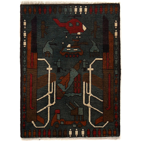 War Area Rug Handmade Gray Rifle + Helicopter + Tank 2 x 3