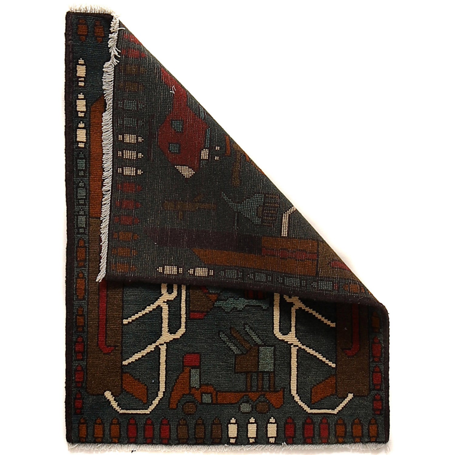 War Area Rug Handmade Gray Rifle + Helicopter + Tank 2 x 3