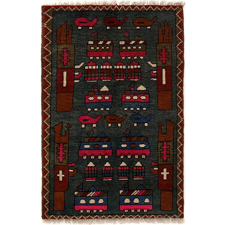 War Area Rug Handmade Gray Rifle + Tank + Helicopter 2 x 3
