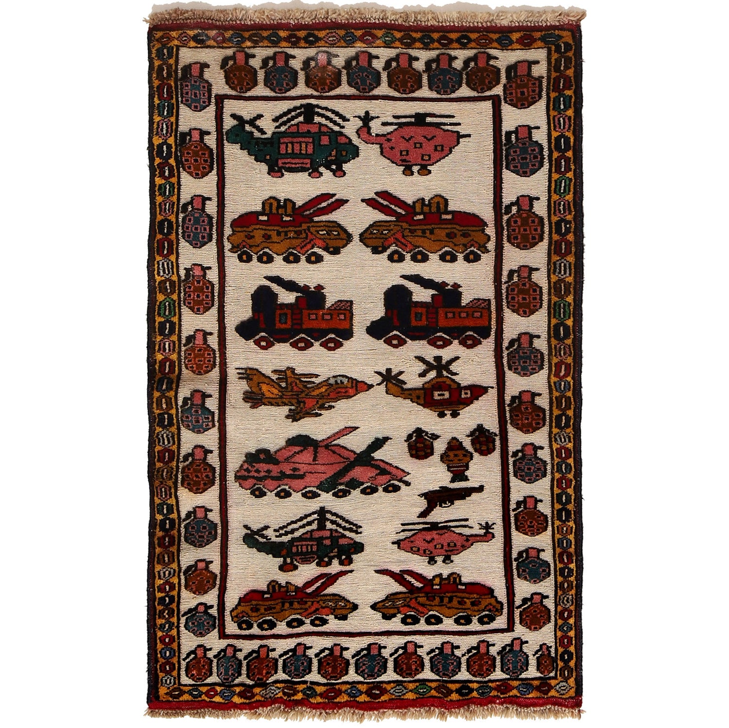 War Area Rug Handmade Ivory Tank + Helicopter 2x4 ft