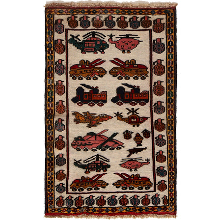 War Area Rug Handmade Ivory Tank + Helicopter 2x4 ft