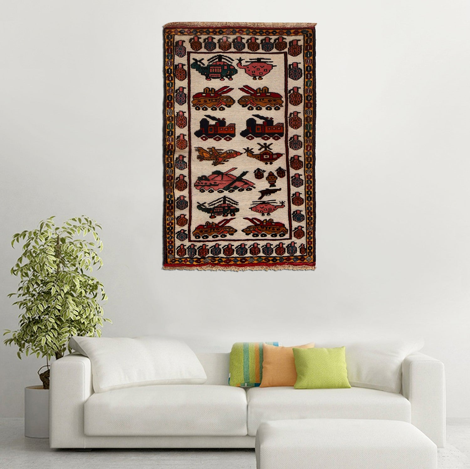 War Area Rug Handmade Ivory Tank + Helicopter 2x4 ft