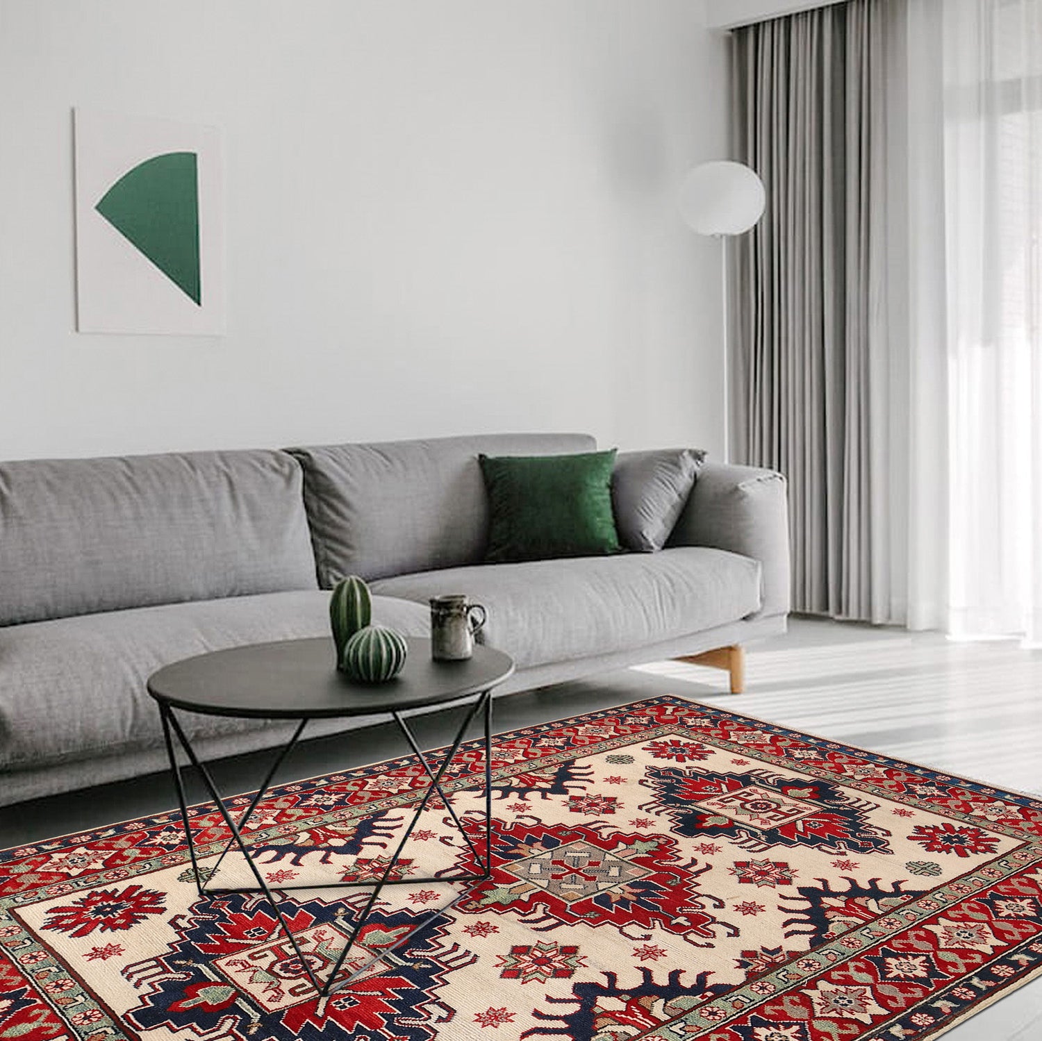 Kazak Rug Handmade Beige Medallion 4x7 ft