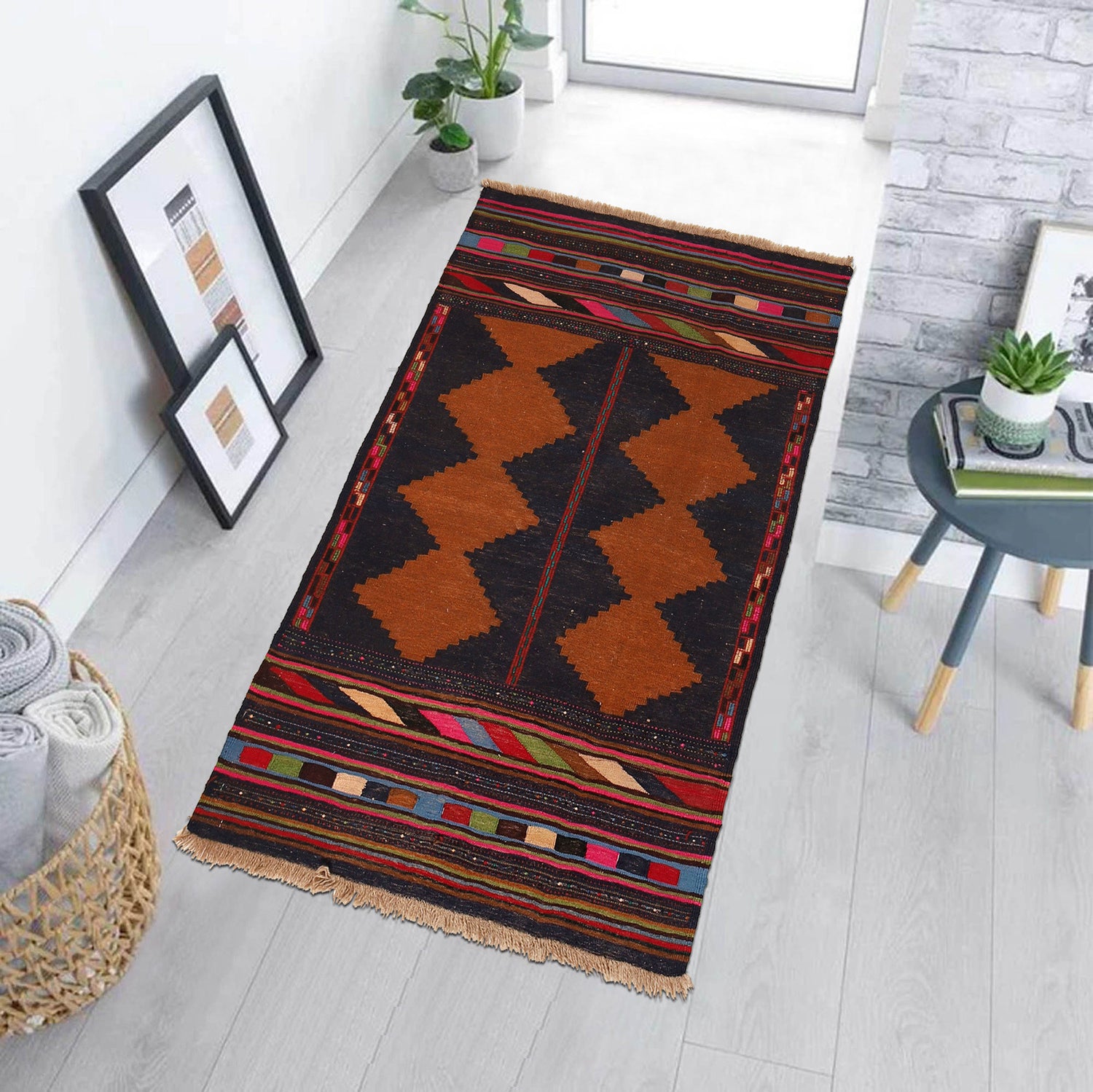 Table Sheet Runner Rug Handmade Brown Curvilinear 5' Runner