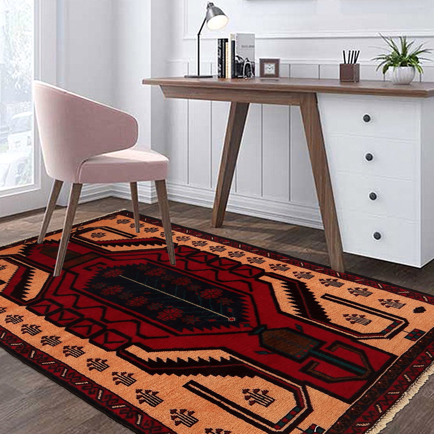 Baluchi Rug Handmade Beige Geometric 3x5 ft