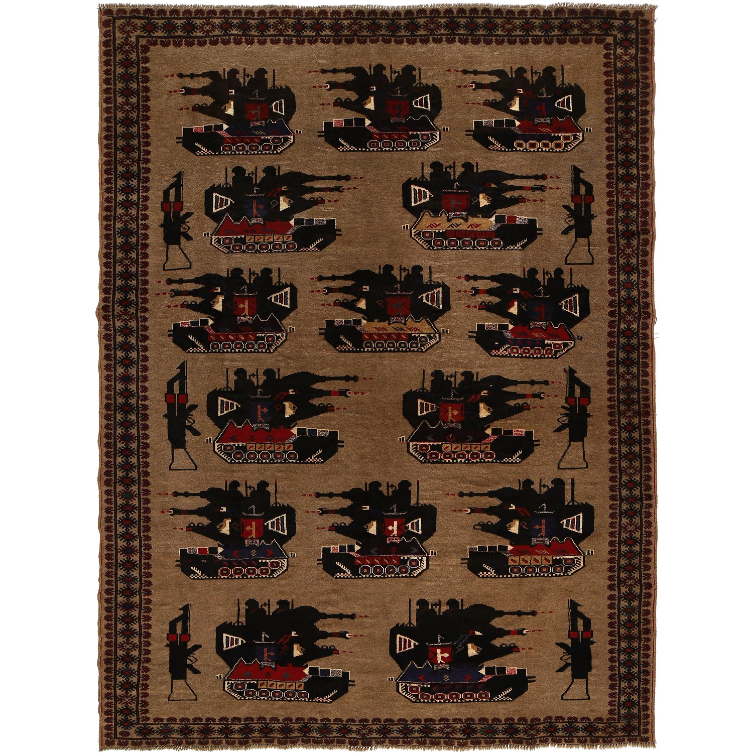 War Area Rug Handmade Brown Tank + Helicopter 7x10 ft