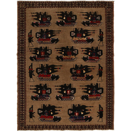 War Area Rug Handmade Brown Tank + Helicopter 7x10 ft