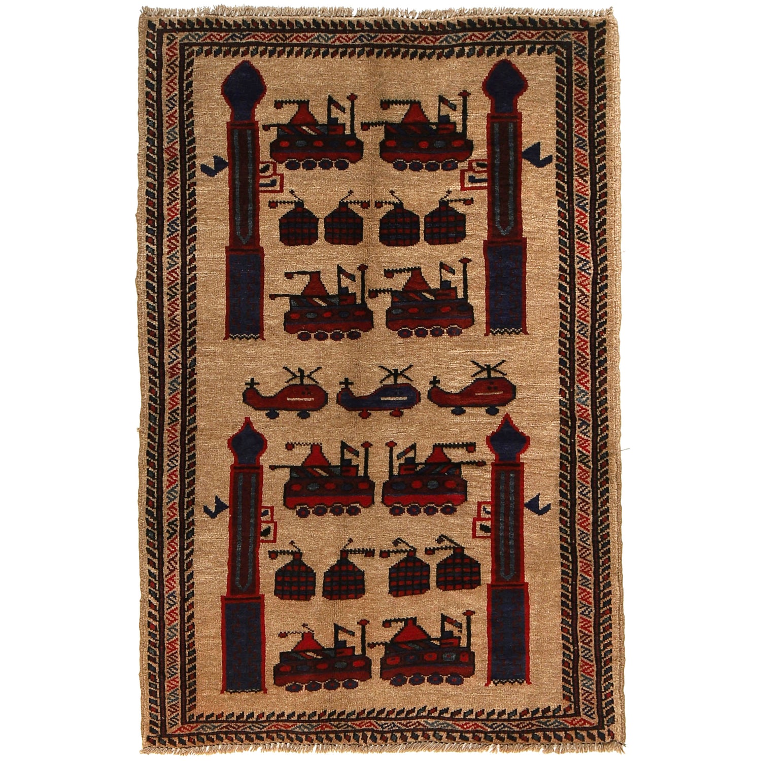 War Area Rug Handmade Brown Tank + Helicopter + Grenade 3x5