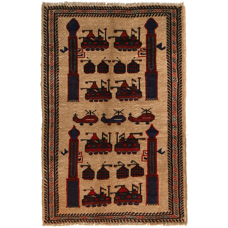 War Area Rug Handmade Brown Tank + Helicopter + Grenade 3x5