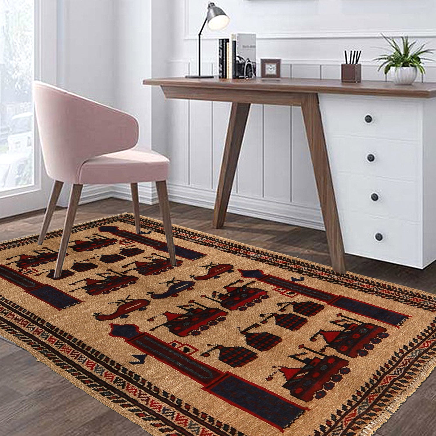 War Area Rug Handmade Brown Tank + Helicopter + Grenade 3x5