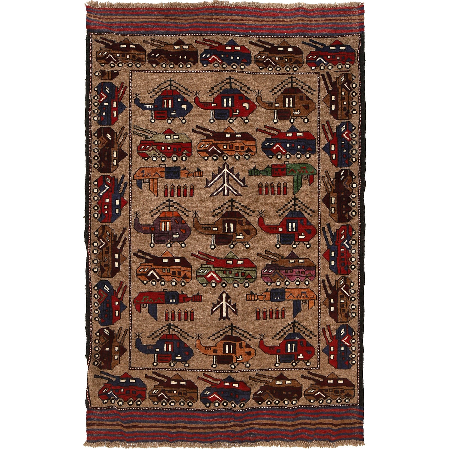 War Area Rug Handmade Brown Tank + Helicopter 4x6 ft