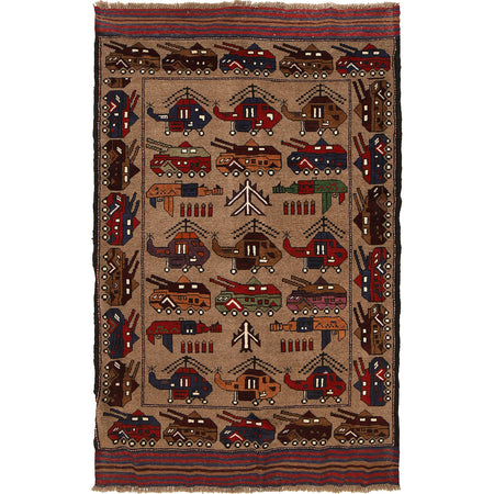 War Area Rug Handmade Brown Tank + Helicopter 4x6 ft