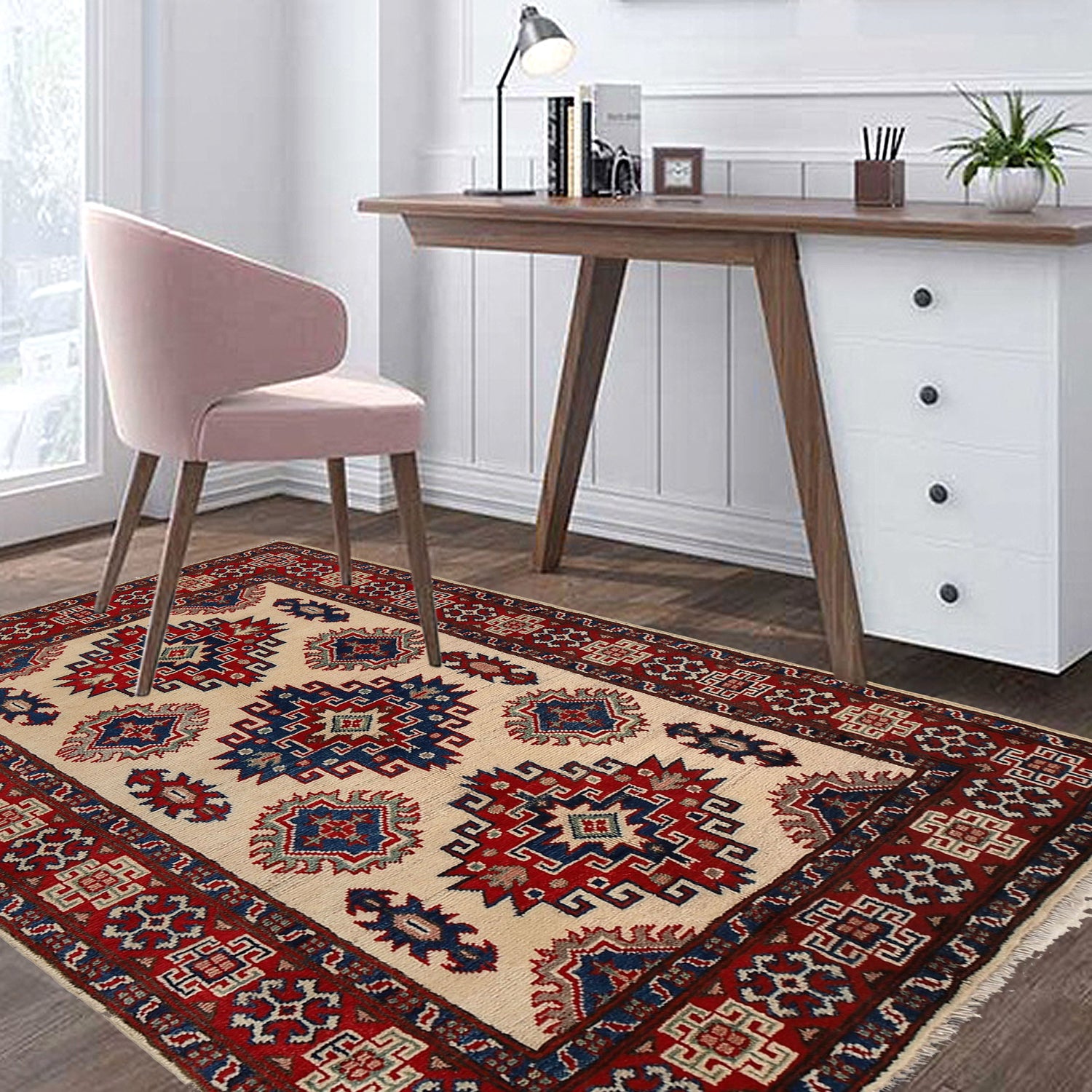 Kazak Rug Handmade Ivory Medallion 3x5 ft
