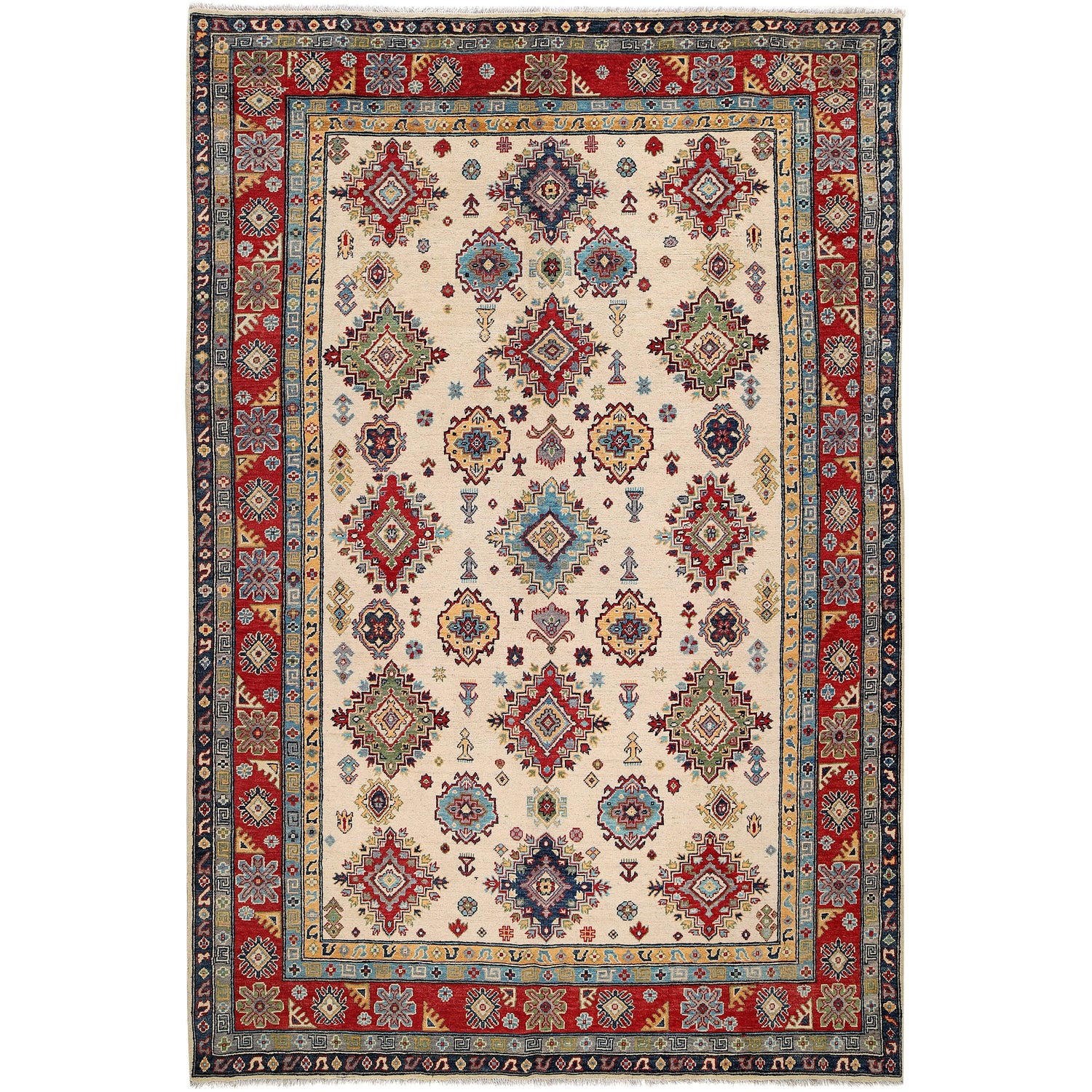 Kazak Rug Handmade Beige Medallion 7x10 ft