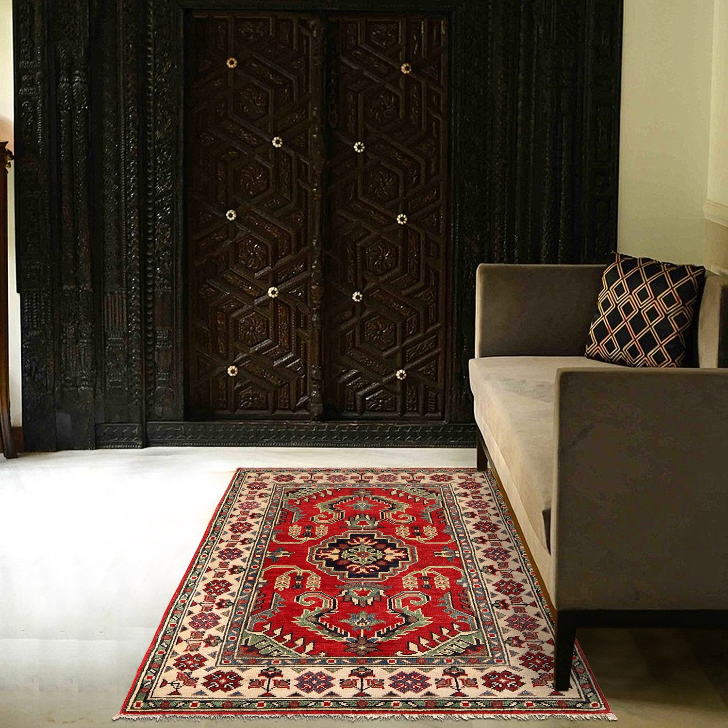 Kazak Rug Handmade Red Medallion 2x4 ft