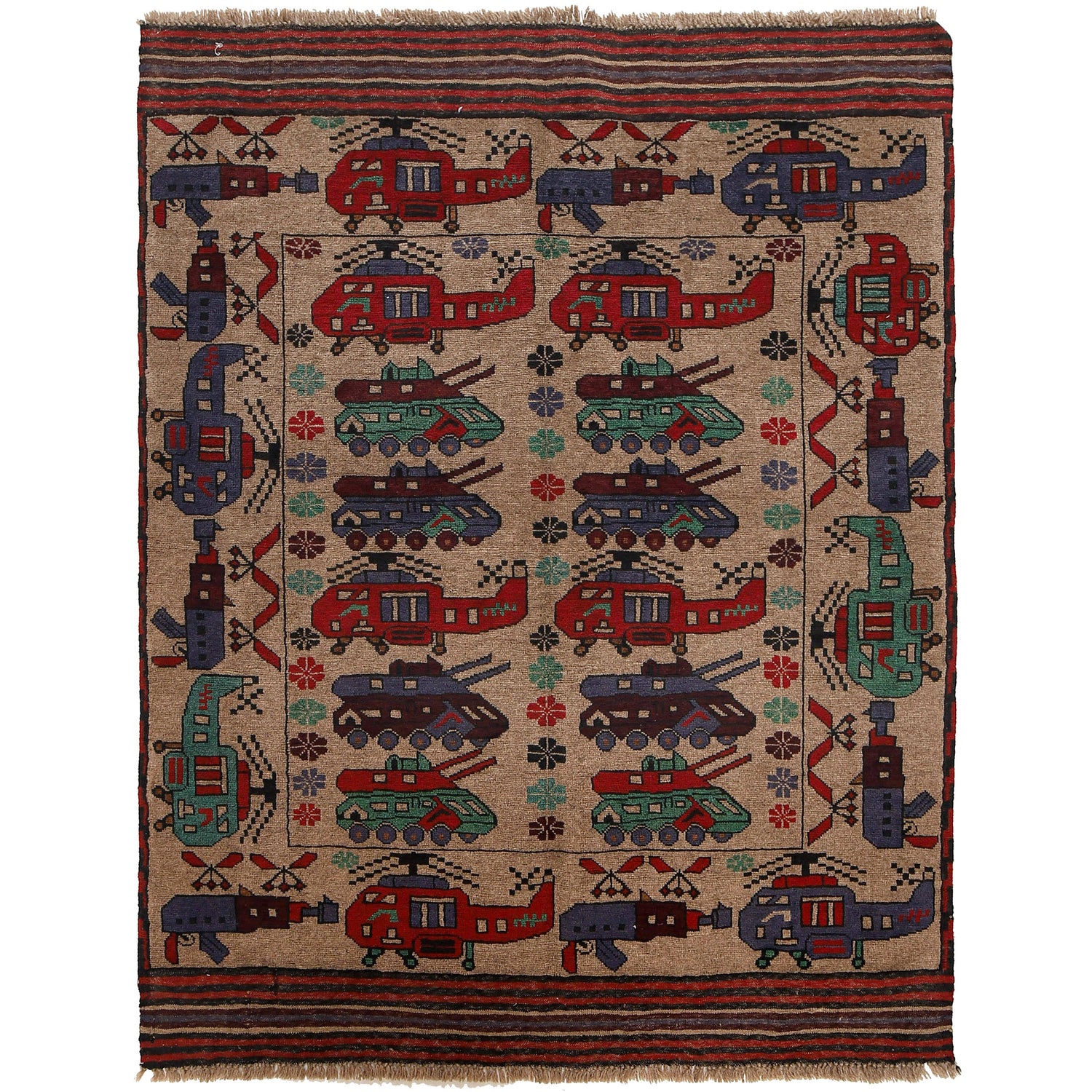War Area Rug Handmade Brown Tank + Helicopter 4x6 ft