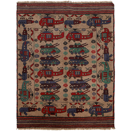 War Area Rug Handmade Brown Tank + Helicopter 4x6 ft