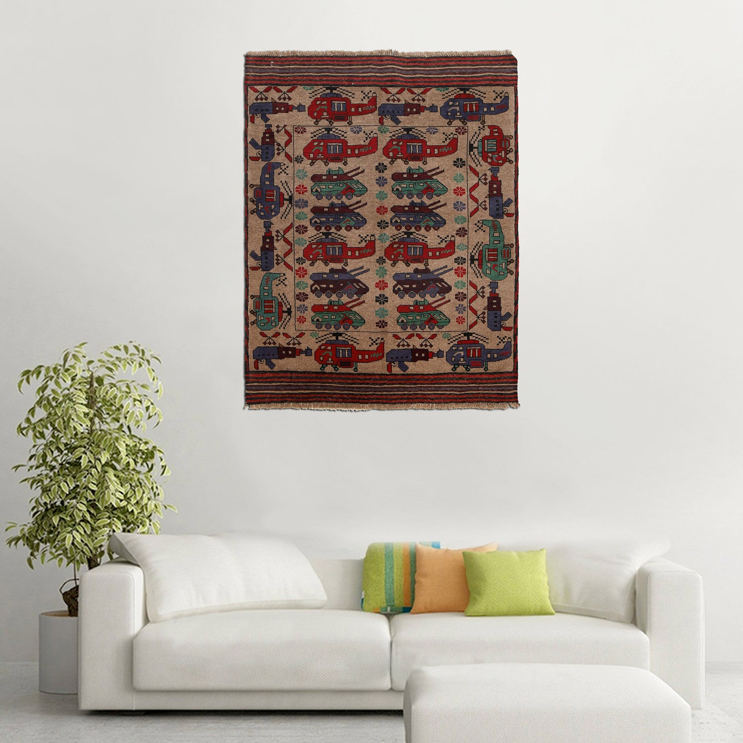 War Area Rug Handmade Brown Tank + Helicopter 4x6 ft