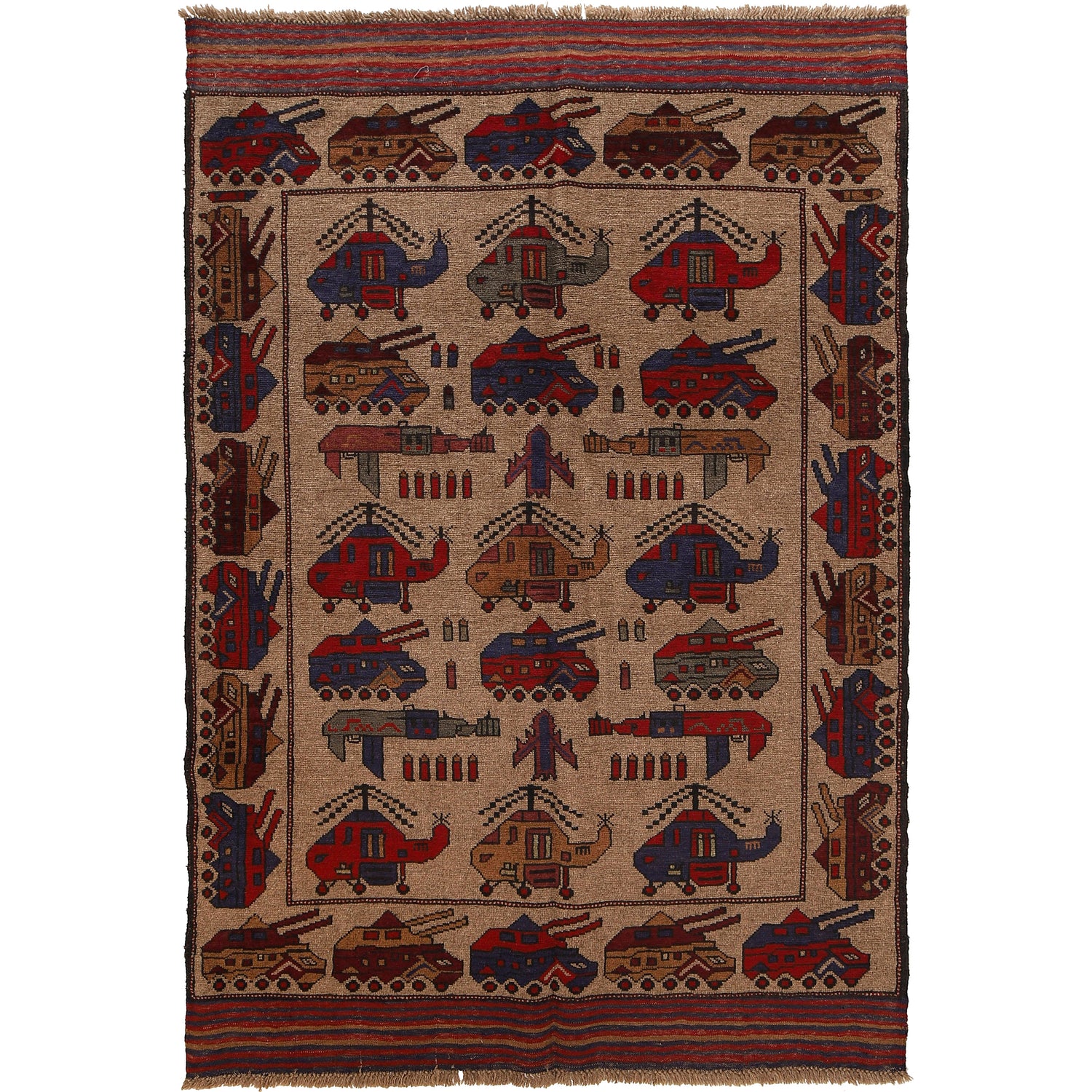 War Area Rug Handmade Brown Tank + Helicopter 4x6 ft