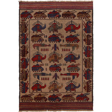 War Area Rug Handmade Brown Tank + Helicopter 4x6 ft