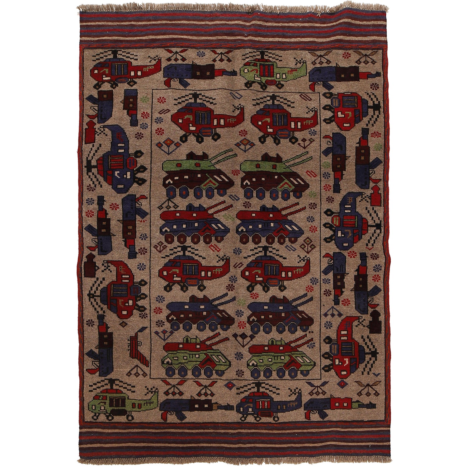 War Area Rug Handmade Brown Tank + Helicopter 4x6 ft