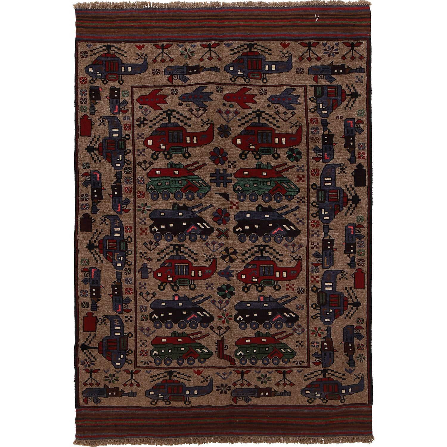 War Area Rug Handmade Brown Tank + Helicopter 4x6 ft