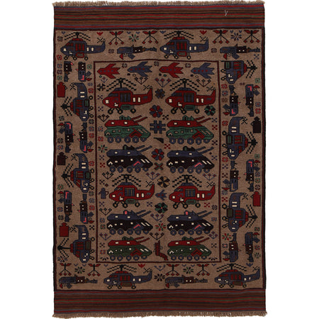 War Area Rug Handmade Brown Tank + Helicopter 4x6 ft