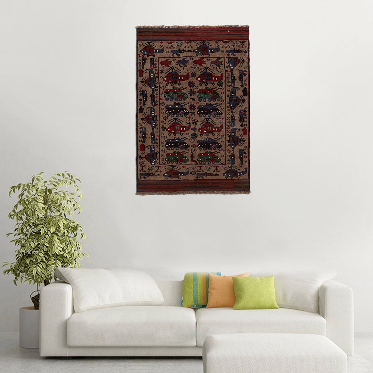 War Area Rug Handmade Brown Tank + Helicopter 4x6 ft