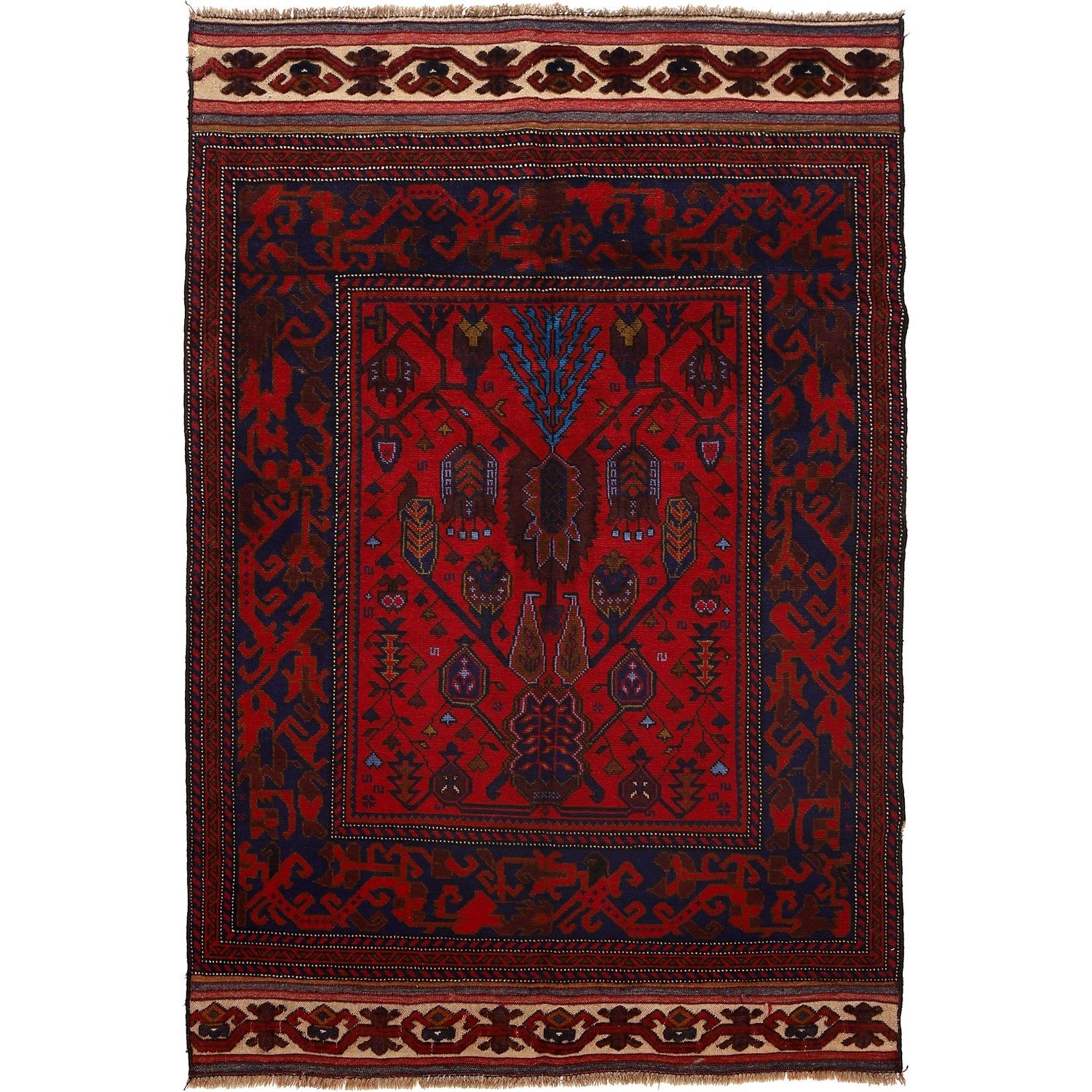 Baluchi Rug Handmade Red Geometric 4x6 ft
