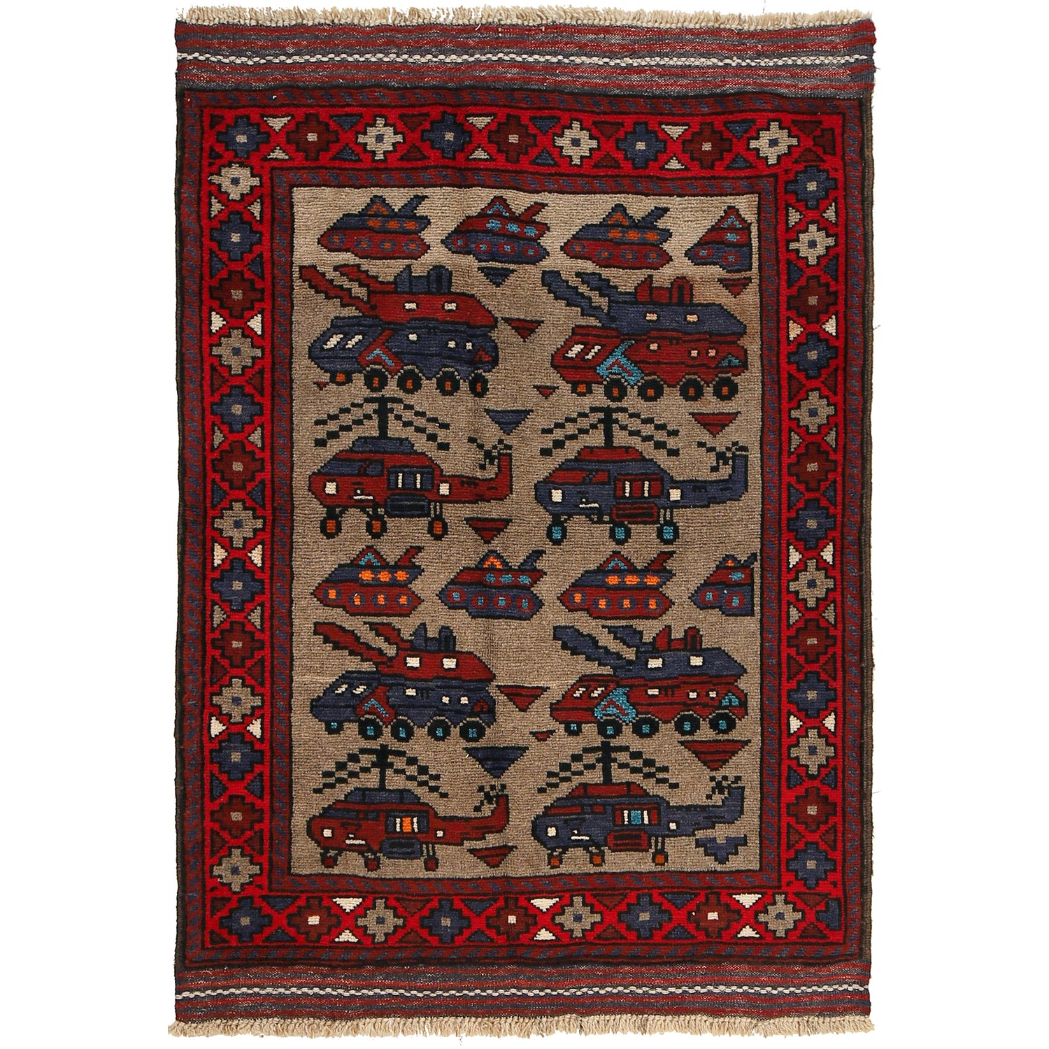 War Area Rug Handmade Brown Tank + Helicopter 3x5 ft